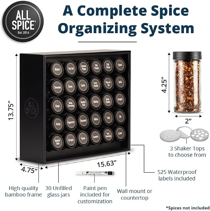 AllSpice Spice Rack Organizer, 525 Unique Labels, Countertop or Wall Mount - Image 3
