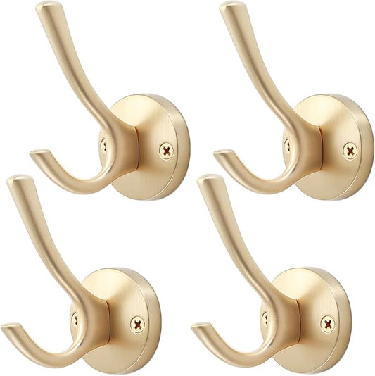 Gold Hat and Coat Hooks, 4 Pack Heavy Duty Coat Robe Hook, Metal Double by TOFIIGREM