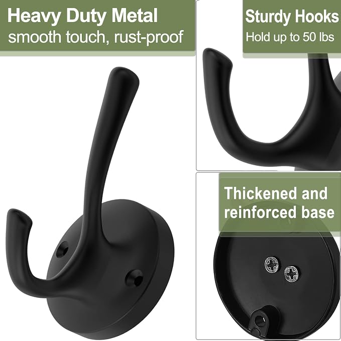 Black Towel Hooks for Wall, 5 Pack Coat Robe Hook Heavy Duty Metal Double Bath - Image 7