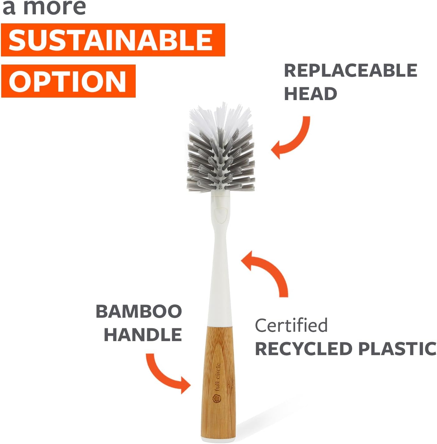 Full Circle Upstanding Bottle Brush - Made from Bamboo with Long Handle, Replaceable Head - Deep Cleans Water Bottles, Tumblers & Baby Bottles - BPA & Formaldehyde Free - White