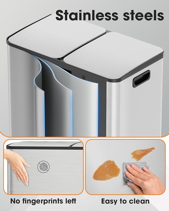 Lovewind Kitchen Trash Can, 2 x 8 Gallon Stainless Steel Trash and Recycle Bin - Image 3