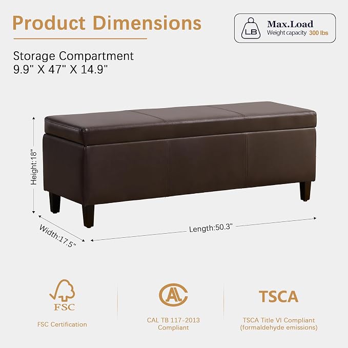 HUIMO Faux Leather Storage Ottoman Bench 50.3 Inch Extra Long PU Upholstered - Image 2