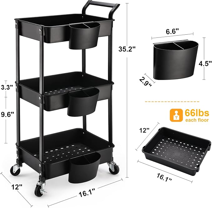3-Tier Utility Rolling Cart, Mobile Utility Cart - Image 2