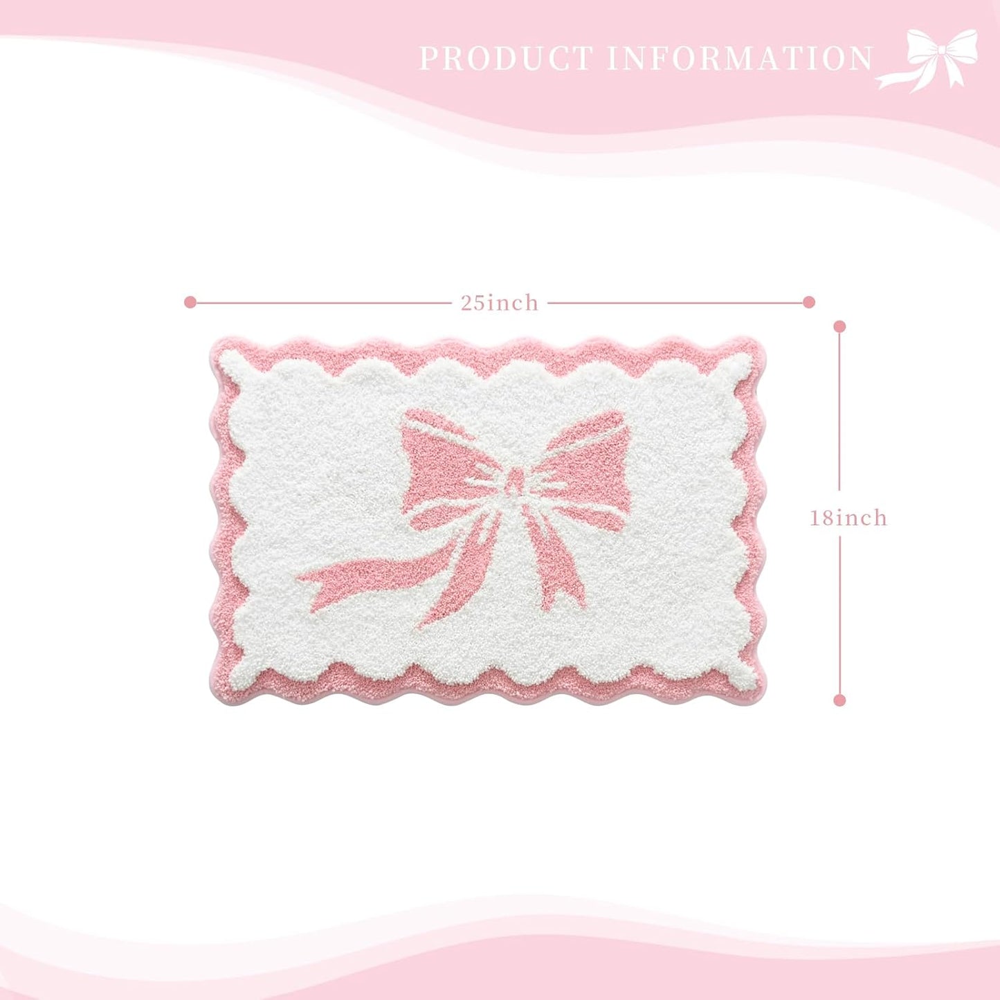 Anybar Bow Bath Mat Pink White Bathroom Rug Cute Scalloped Rugs Non Slip Floor Carpet Microfiber Bathmat Soft Super Absorbent Machine Washable Bathmat for Shower Scallop Bathroom Mats（18x25 inch）