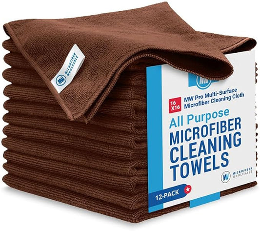 MW Pro Microfiber Cleaning Cloth | Brown | 12 Pack | 16” x 16” | Coffee by MicrofiberWholesale