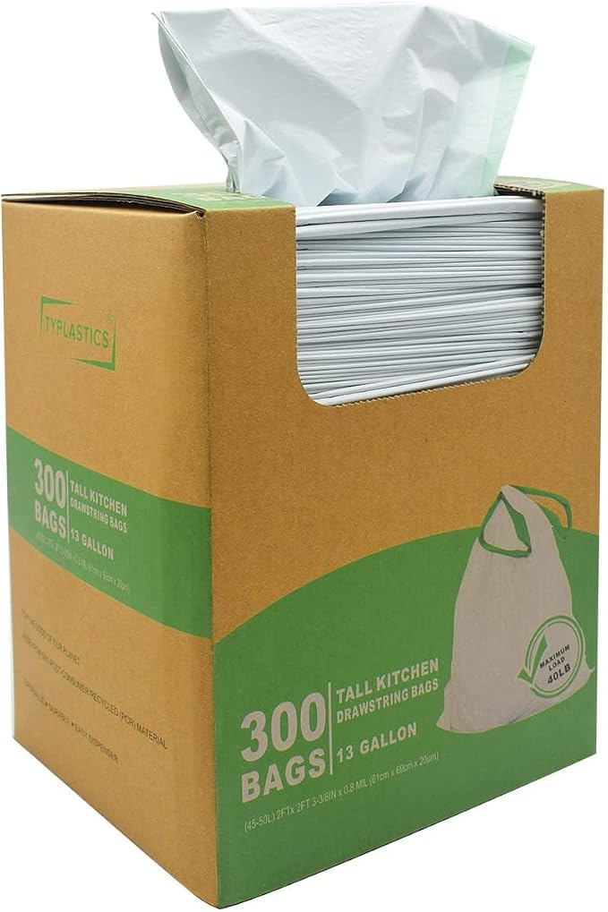 TYPLASTICS 300 Count 13 Gallon Tall Kitchen Drawstring Trash Bags, GRS Compliant - Image 7