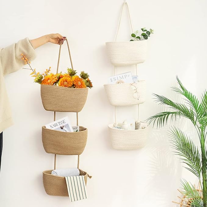 TeoKJ Over the Door Hanging Basket, 3-Tier Woven Cotton Wall-Mounted Storage - Image 2