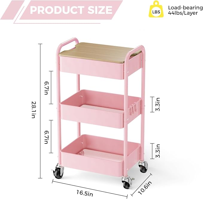 3 Tier Rolling Cart with Table top, Metal Rolling Utility Cart, Sturdy Storage - Image 2