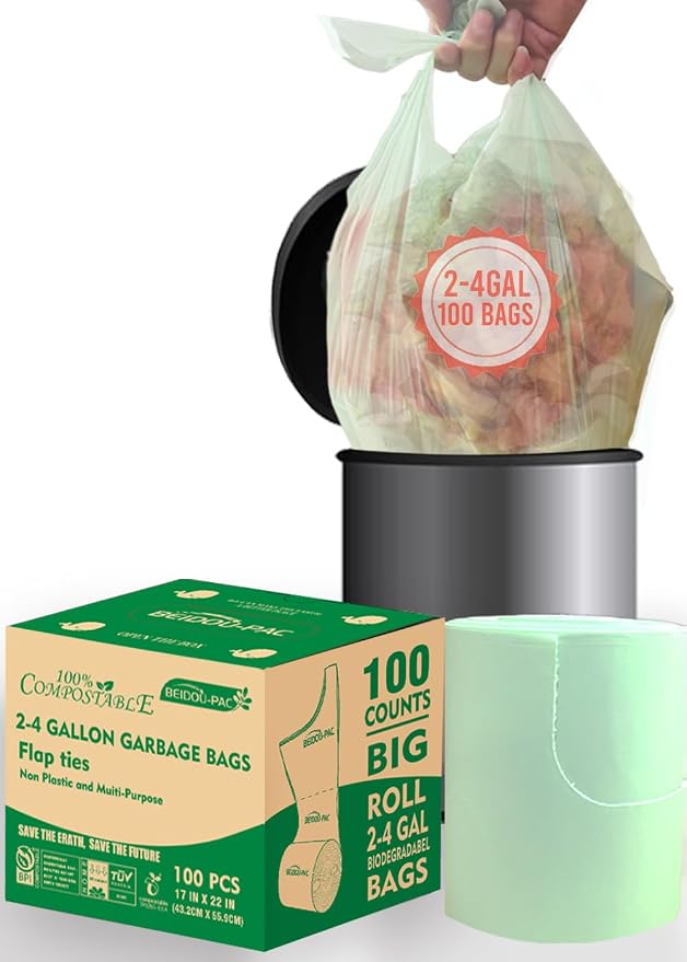 3 Gallon Flap Tie Compostable Trash Bags, Biodegradable Kitchen Garbage Bags by BEIDOU-PAC