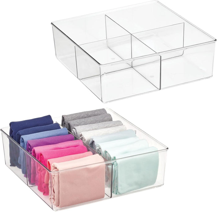 mDesign Plastic 4 Compartment Divided Drawer and Closet Storage Bin - Organizer for Scarves, Socks, Ties Bras, and Underwear - Dress Drawer Organizer, Shelf Organization - 2 Pack - Clear