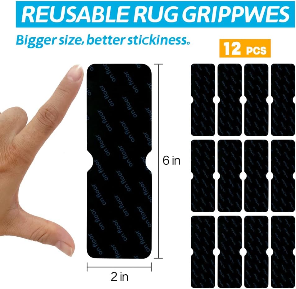 Rug Gripper for Hardwood Floors: 12 PCS No Damage Rug Tape - Anti Slip Rug Grips for Area Rugs – Secure Carpet Tape for Wood Floors, Safe & Strong Hold