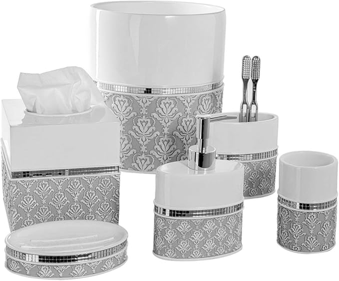 Creative Scents Mirror Damask White and Gray Bathroom Accessories Set by CreativeScents