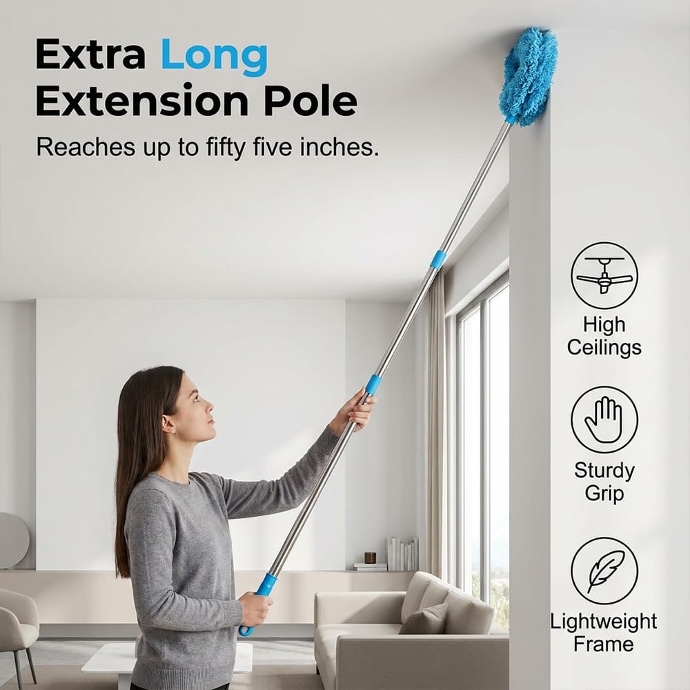 Ceiling Fan Cleaner Duster, 2026 Upgrade 3 Section Extension Pole 12 to 55 Inch, Reusable Microfiber Removable Cleaning Dusters for Fan Blade Walls Cobwebs Bookshelves Window