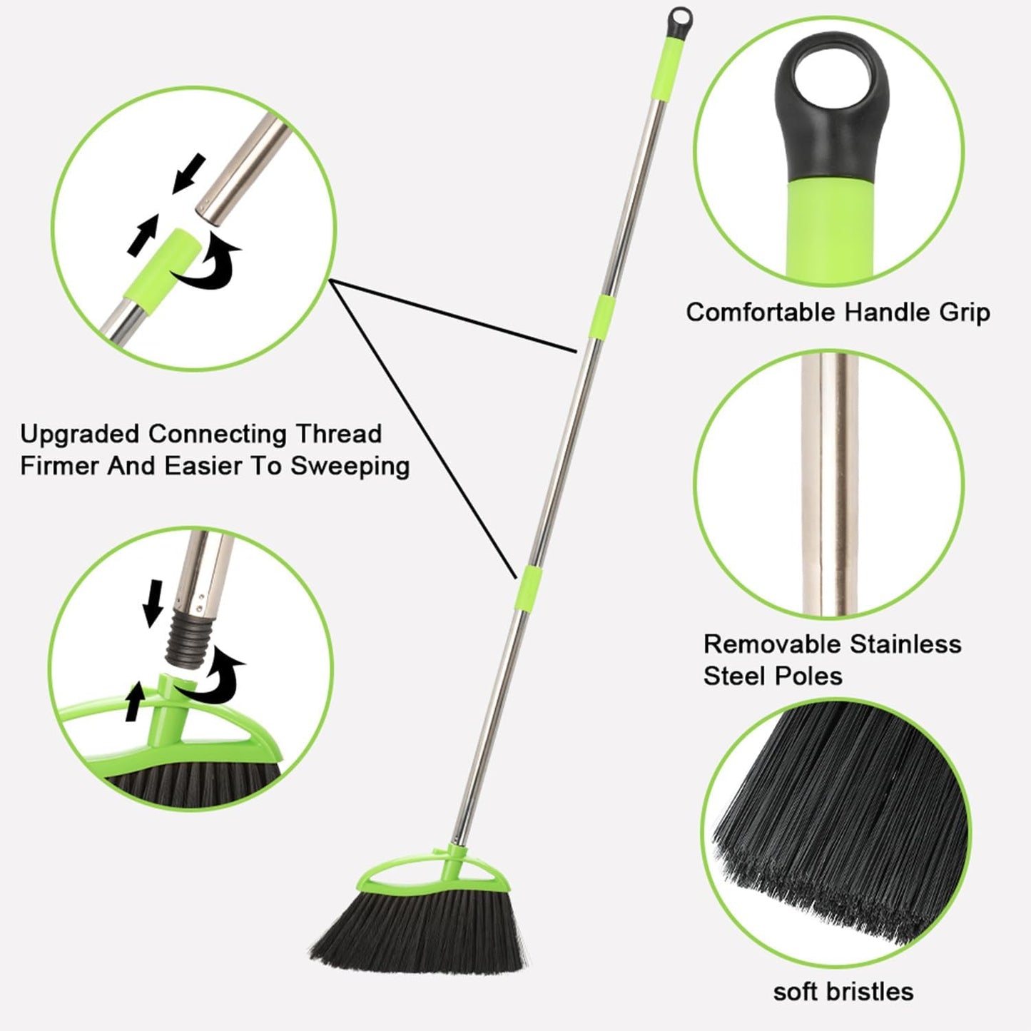 Soft Bristles Green Angle Broom with Long Handle Indoor Sweeping Broom for Home Kitchen Hardwood Floor Cleaning