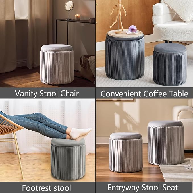 Round Ottoman with Storage Set of 2-Upholstered Velvet Vanity Stool - Image 4