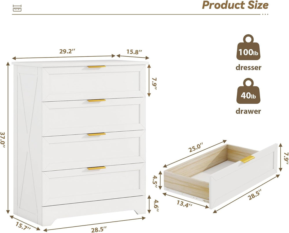FTZxHKLX White 4 Drawer Dresser for Bedroom, Modern Chest of Drawers