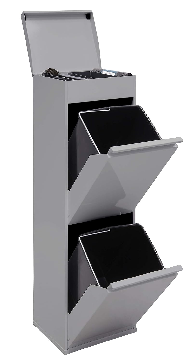 ARREGUI Top CR222-B Steel Recycling Bin with Lid and Top Tray, Multi-Use, Light Grey, 97.5 x 30.6 x 24.5 cm
