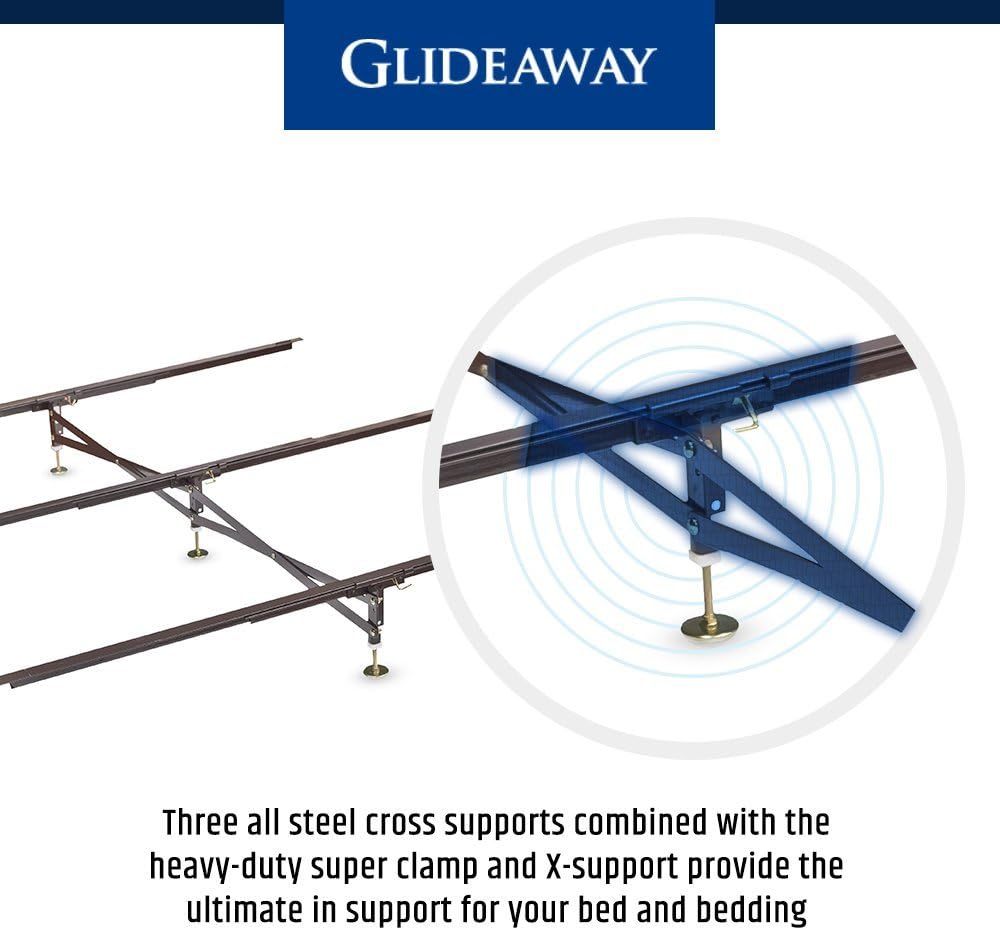 Glideaway X-Support Bed Frame Support System, GS-3 XS Model - 3 Cross Rails and 3 Legs - Strong Center Support Base for Full, Queen and King Mattress, Box Springs, and Bed Foundations