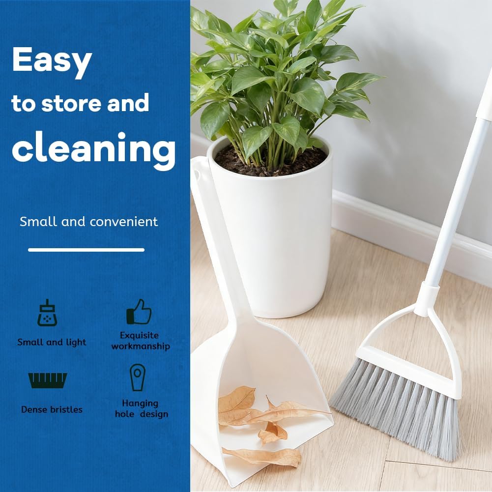 Small Broom and Dustpan Set, Household Mini Broom and Dustpan Set, Mini Broom and Cleaning Set Suitable for Various Small Areas (White)
