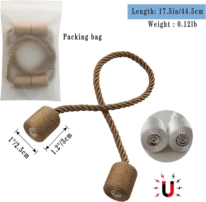 Magnetic Curtain Tiebacks 4 Pack Khaki Curtain Rope Tieback Curtain Holders - Image 2