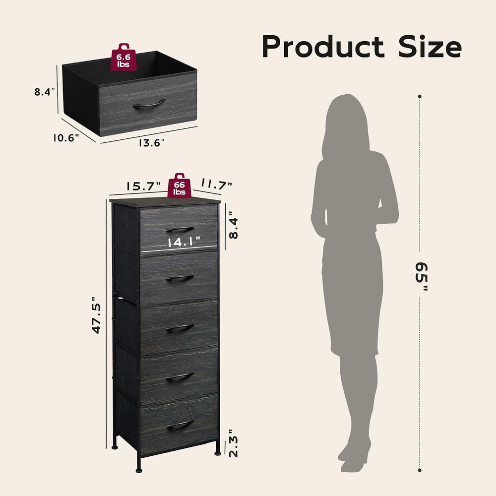 WLIVE 5 Drawer Dresser for Bedroom, Tall Chest of Drawers, Black Wood Grain