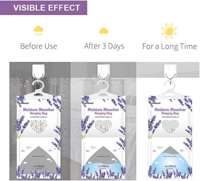 CANAGER Moisture Absorber -12 Pack, Lavender Vanilla Hanging Humidity Bag - Image 6