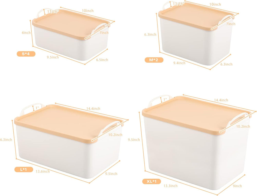 ANMINY White Plastic Storage Bins Baskets with Lids, 8-Pack, 1XL+1L+2M+4S