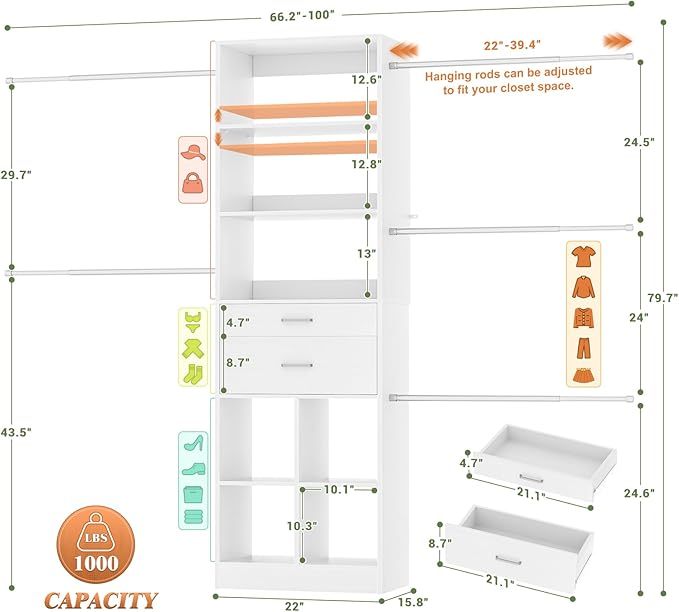 Closet System, 4-8 FT Closet Organizer Tower - Image 3