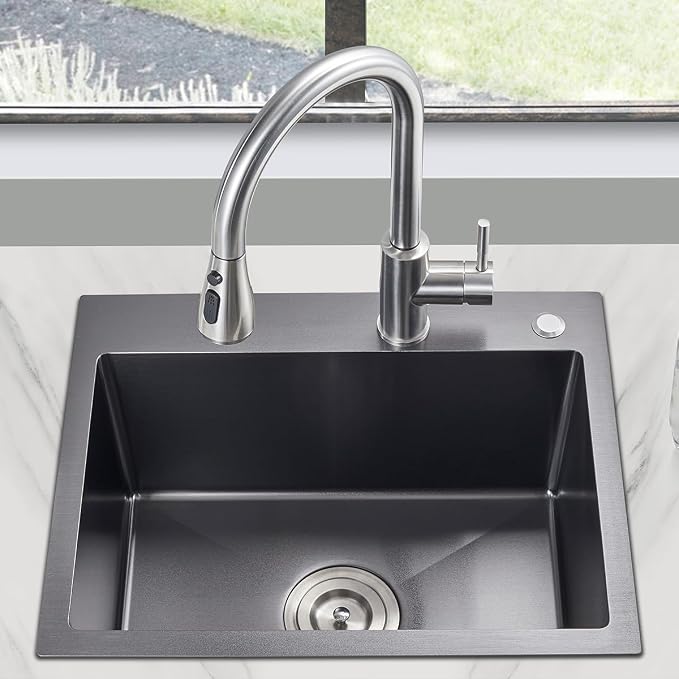 25x18x9 Inch Drop in Kitchen Sink, Handmade 304 Black Stainless Steel Single - Image 3