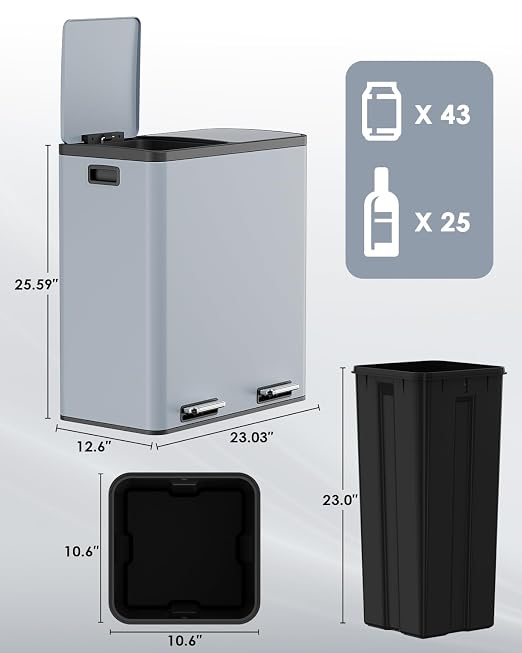 AthLike 60L Dual Trash Can, Stainless Steel Kitchen Garbage Can, Double - Image 2