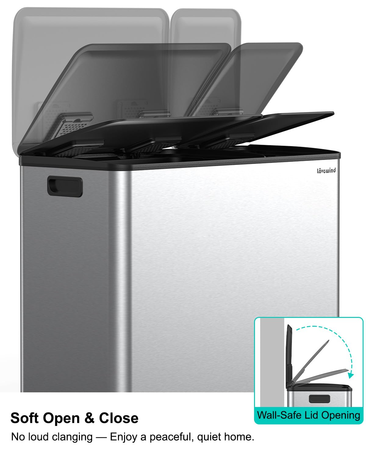 Dual Trash and Recycling Bins for Kitchen, 19+8 Gallon (72+30L) Stainless Steel Trash and Recycle Bin Combo with Soft-Close Lid, Large Garbage Cans for Kitchen Home with 2 Magnets Sticker, Silver
