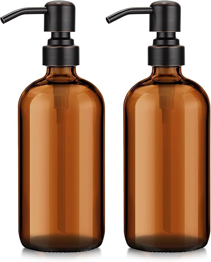 AmazerBath Amber Glass Soap Dispensers, 2 Glass Amber Pump Bottles, 17 Oz Dish by AmazerBath