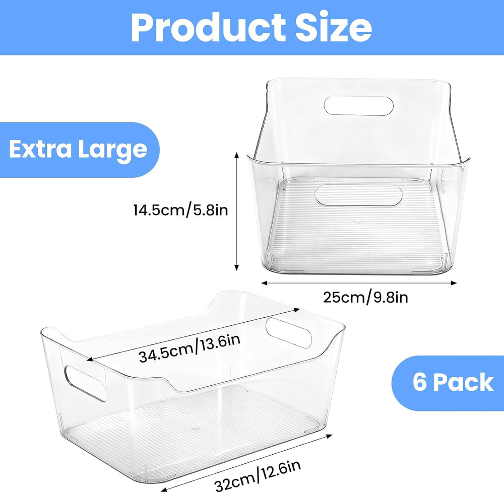 6 Set Storage Bins, Clear Plastic Organizers, with Handles