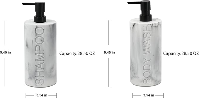 Marble Resin 2 Piece Shampoo and Body Wash Dispenser Set, Luxurious Refillable - Image 2