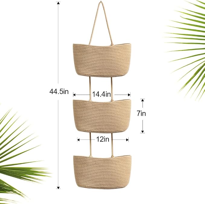 TeoKJ Over the Door Hanging Basket, 3-Tier Woven Cotton Wall-Mounted Storage - Image 3