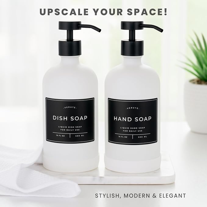 16oz Glass Soap Dispenser with Stainless Steel Pump, 21 Waterproof Labels - Image 3