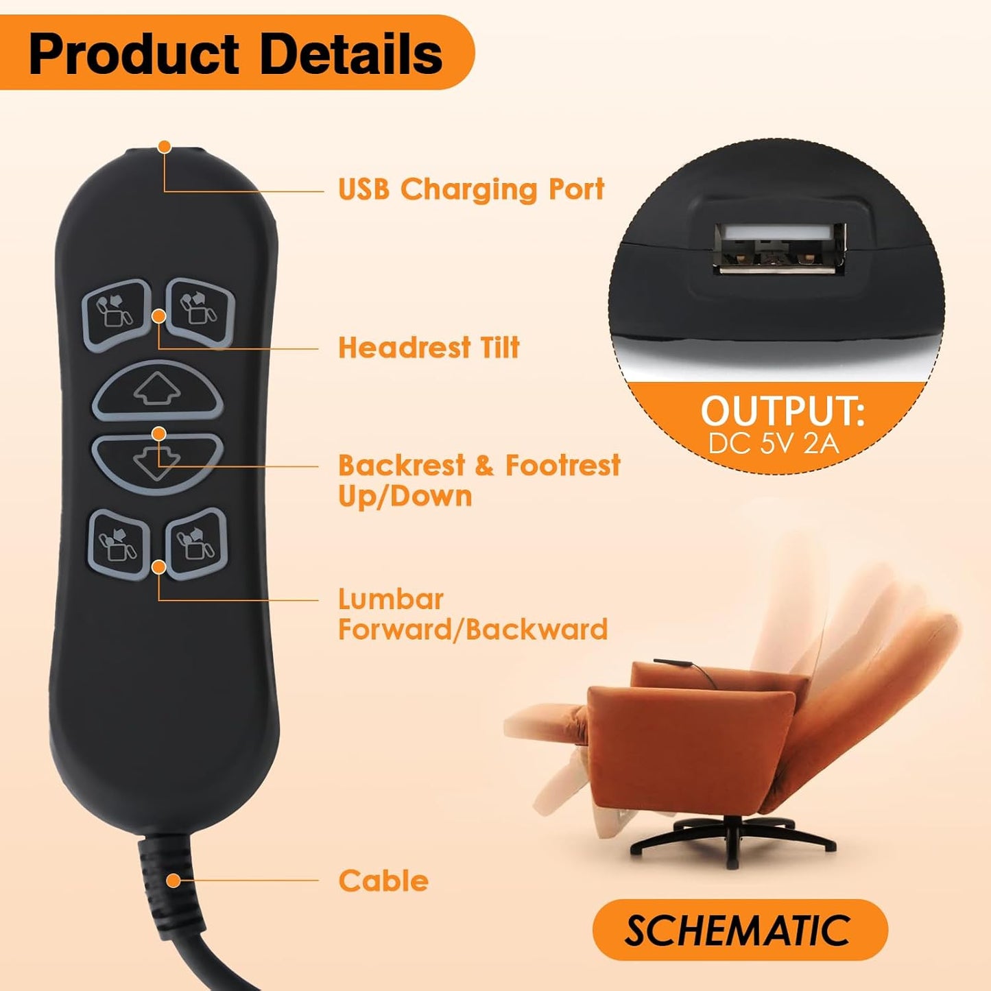 HSW306 Compatible 6 Button 7 Pin Lift Chair Remote Replacement Controller, with USB Charging Port & Backlit Buttons, Hand Wand Replacement for Power Recliner (Version A)