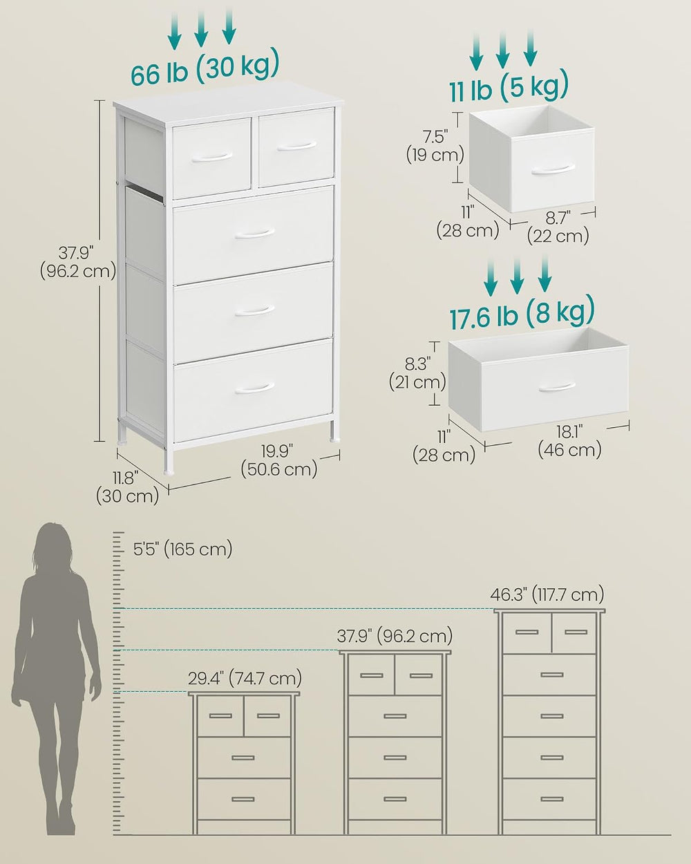 SONGMICS Tall Dresser for Bedroom, 5 Fabric Drawers with Steel Frame