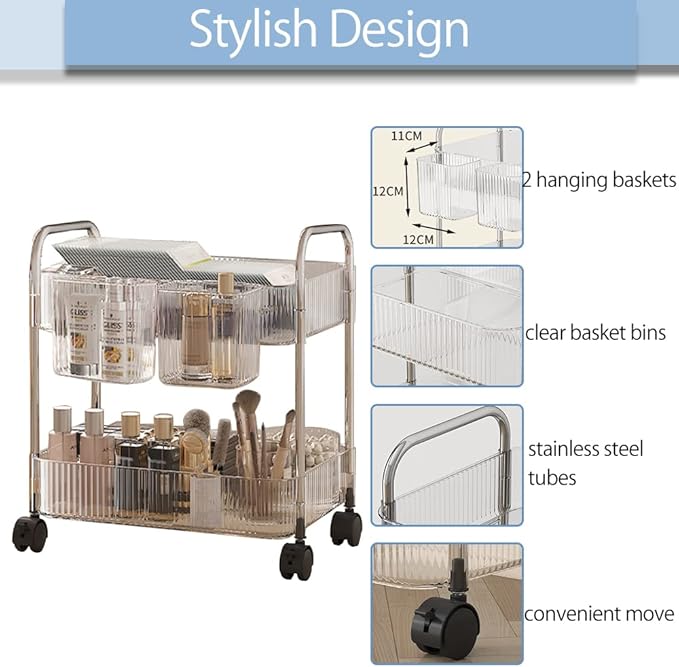 2-Tier Utility Rolling Cart Storage Organizer Sofa Side Table - Image 6