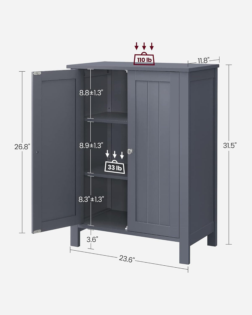 VASAGLE Bathroom Floor Storage Cabinet, 2 Adjustable Shelves,Slate Gray