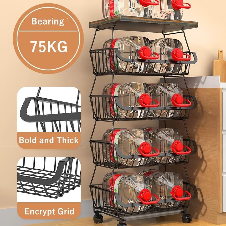 Metal Wire Baskets with Wheels, Kitchen Organizer, 6 Tier Stackable Storage C...