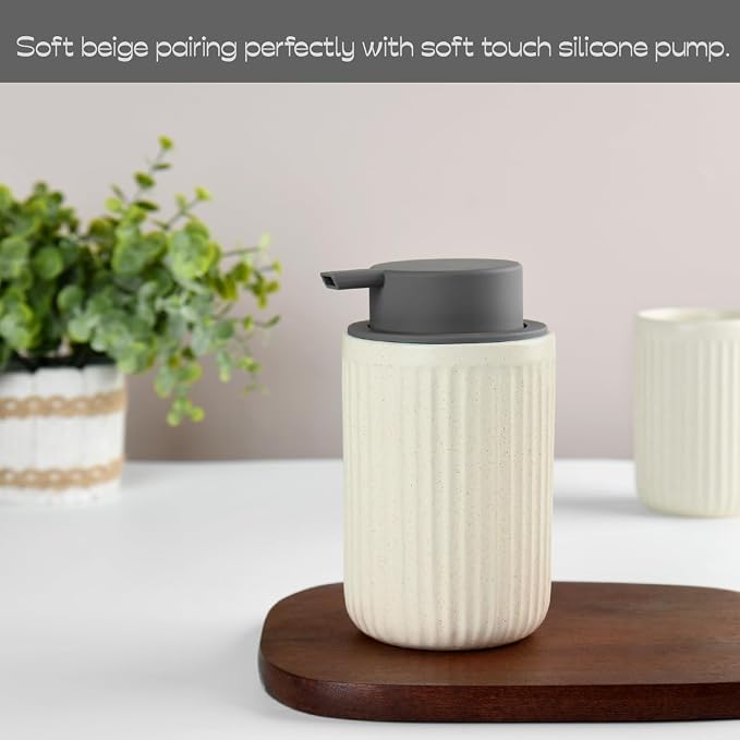 Beige Ceramic Foaming Soap Dispenser 2 Pack, Speckled Rippled 12 oz Bottle - Image 5