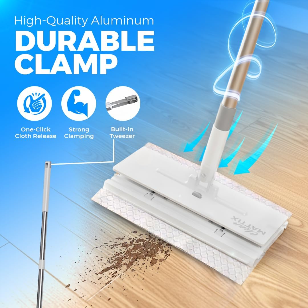 FlexiClamp Sweep & Mop Kit - Compatible with Swiffer Pads, Durable Cleaning Tool for Hardwood, Tile, Marble & Laminate Floors, Home, Kitchen Cleaning Essentials. (Include 10 Dry Cloths)