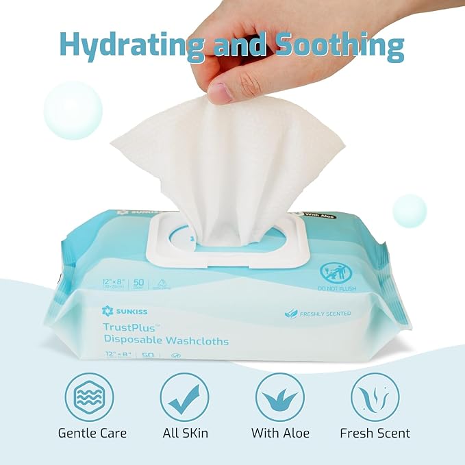 SUNKISS Trustplus Wet Wipes for Adult No Rinse, Extra Large 8”x12” Body - Image 4