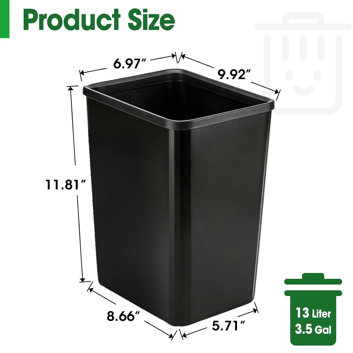 5 Pack Small Trash Can, Plastic Wastebaskets, 3.5 Gallon Small Garbage Can for Bathroom, Bedroom, Kitchen, Offices, Black