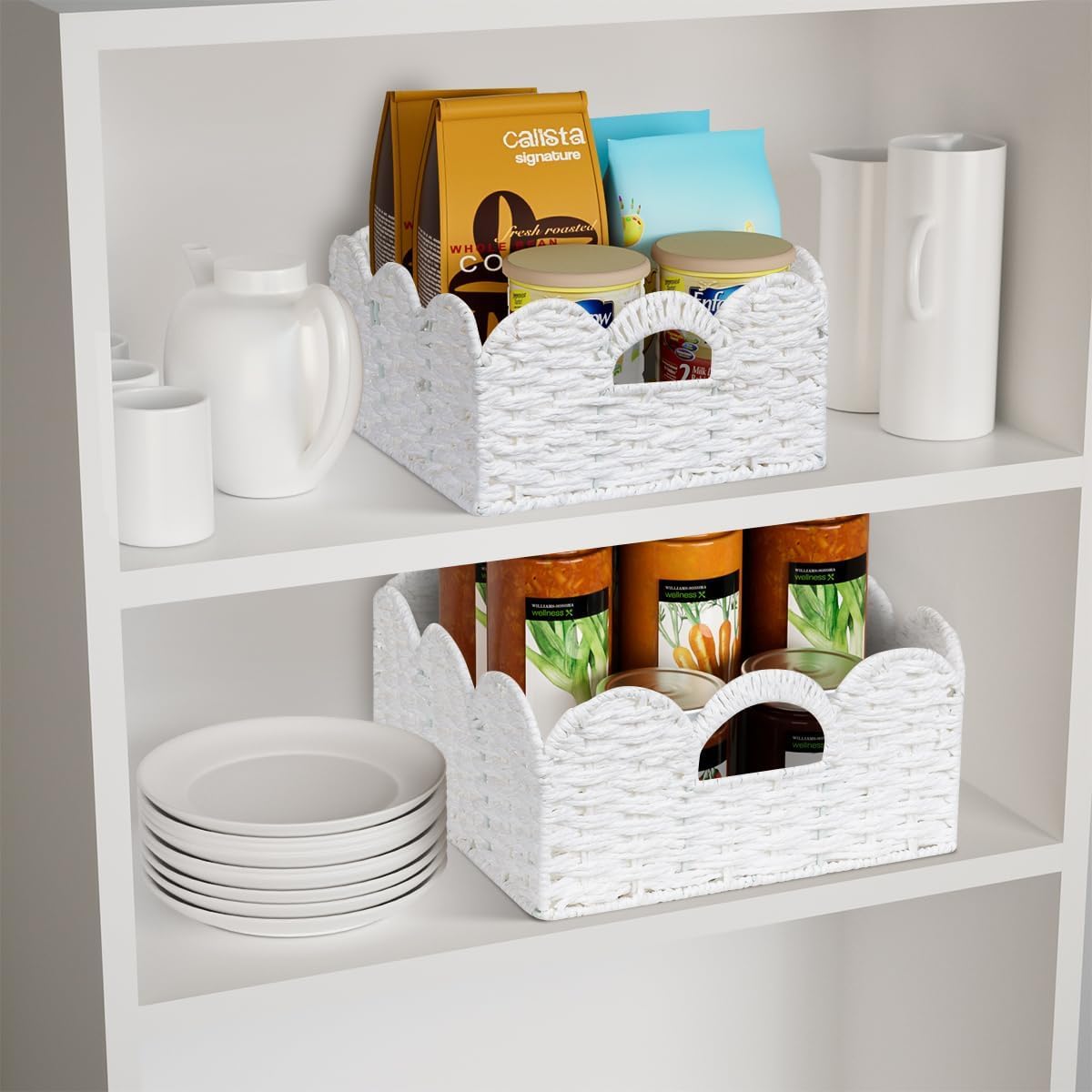 Graciadeco Scalloped Wicker Basket Natural Paper Rope Storage Baskets with Handles Handwoven Organizer Bin Wicker Storage Baskets for Home Decor, Organizing, 2 Pack (White)