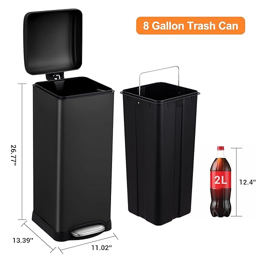 8 Gal/30L Slim Trash Can, Rectangular Step-On Stainless Steel Garbage Can - Image 2