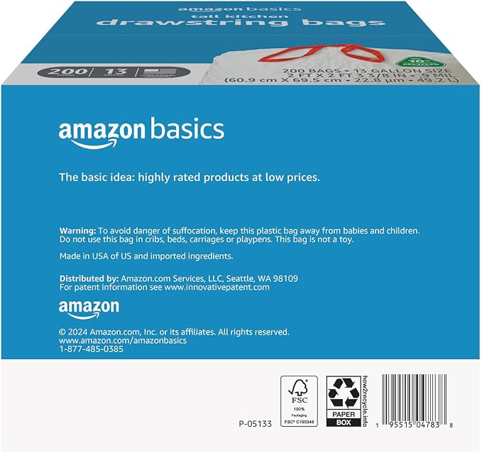 Amazon Basics 13 Gallon Tall Kitchen Drawstring Trash Bags, 10% Post Consumer - Image 2