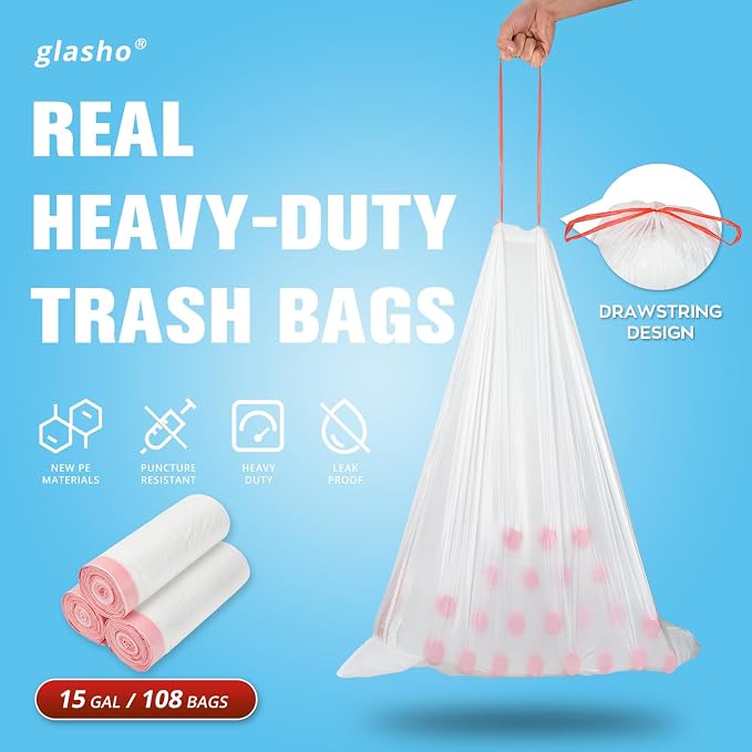 Ultra Thick 15 Gallon Drawstring Trash Bags, Leak Proof Trash Can Liners - Image 2