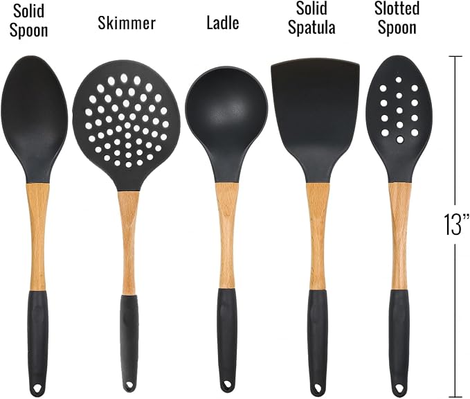 Beille 5pc Dark Grey Nylon Wooden Kitchen Utensils - Image 2
